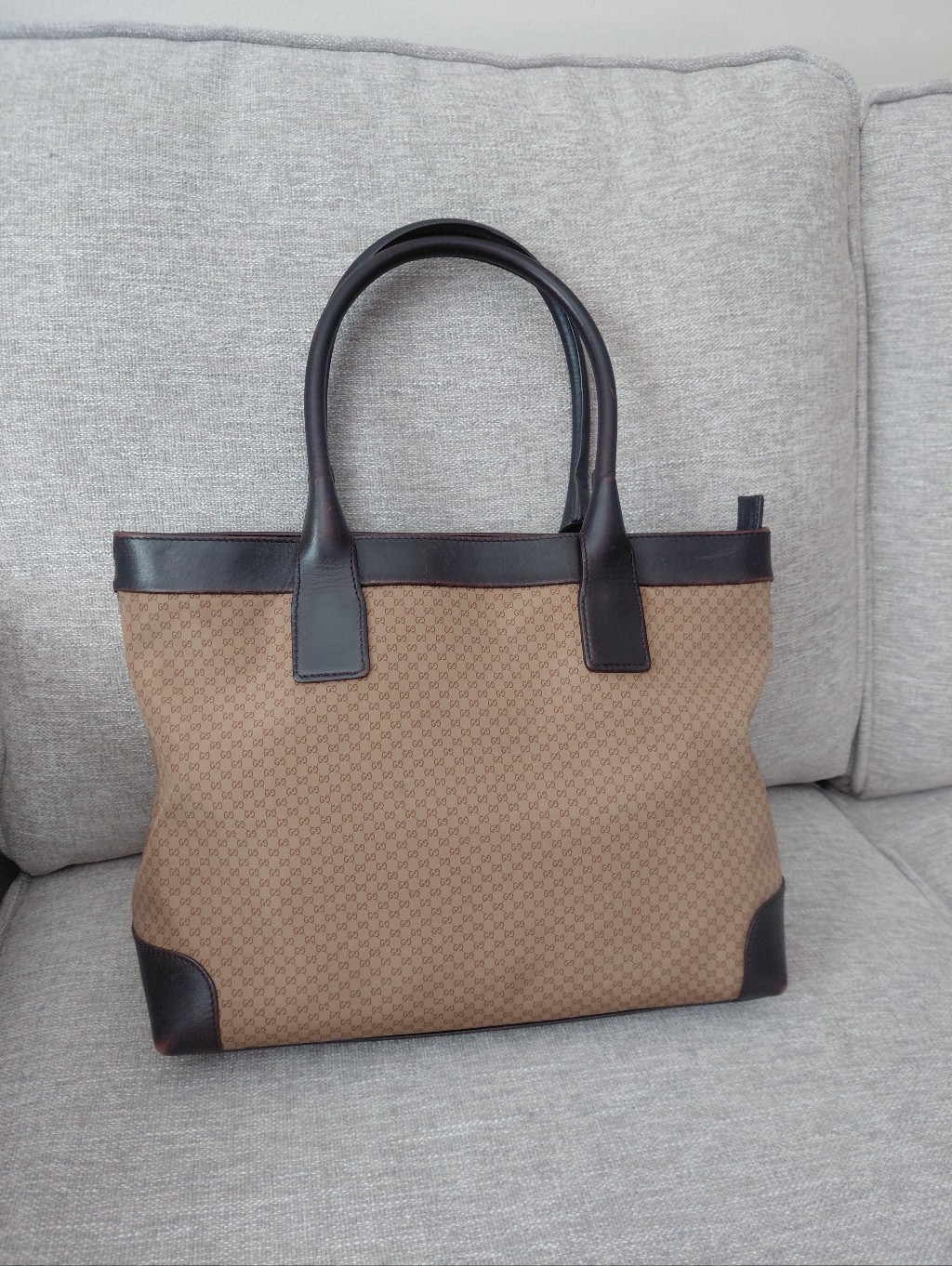Gucci Mikro Gg Printed Nylon And Brown Leather Tote Bag